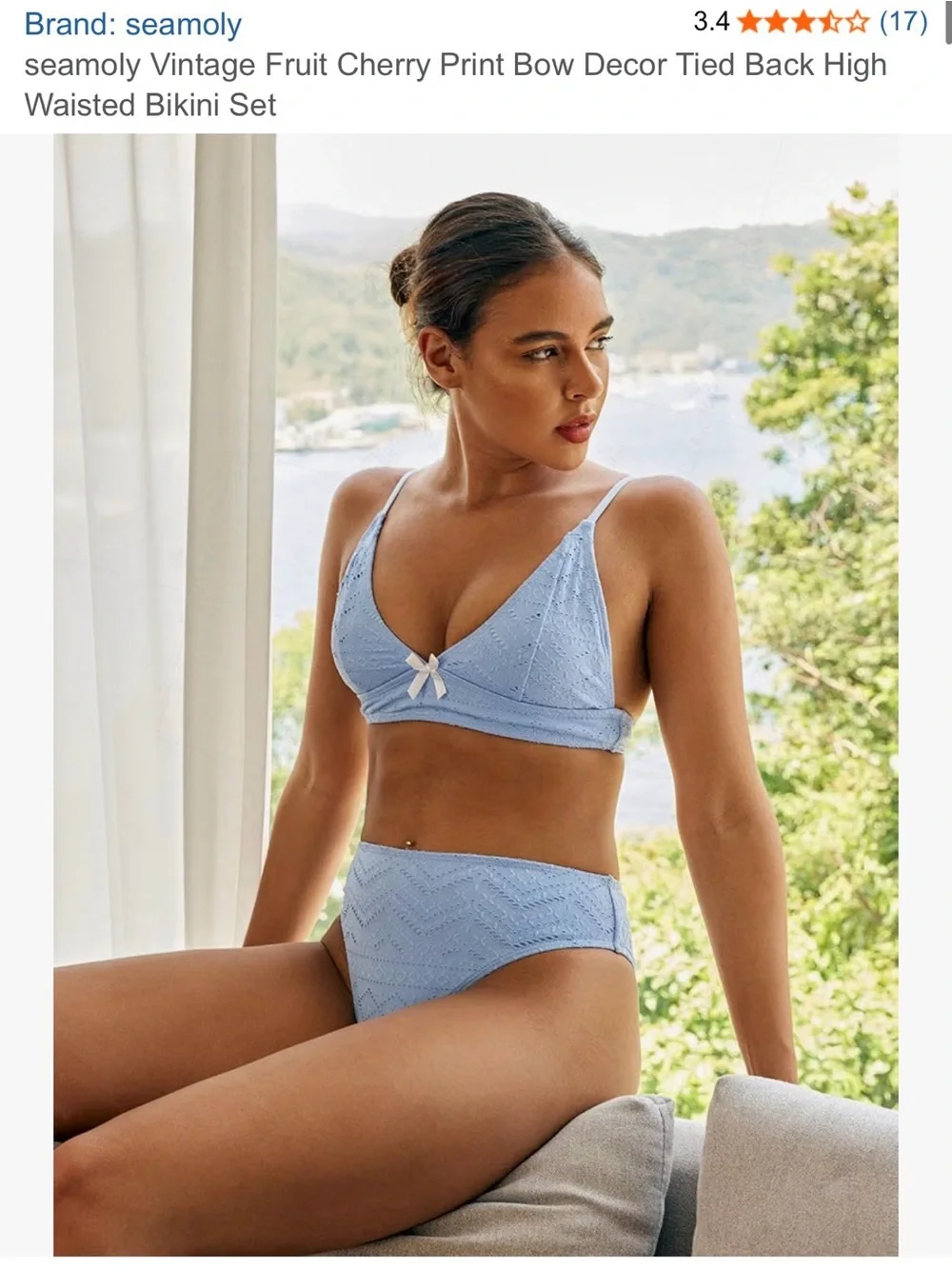 Light Blue Eyelet Bikini Set with Bow Accent